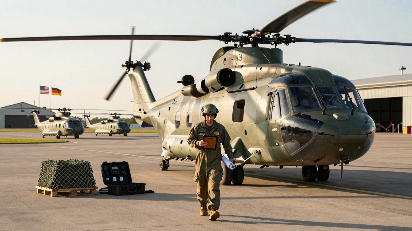 Militar caminhando em base aérea com três helicópteros militares estacionados ao fundo.