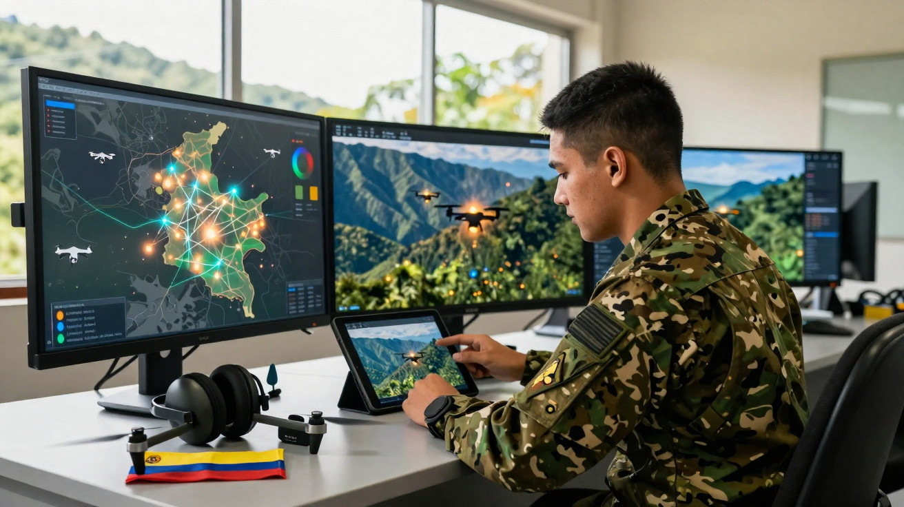 Militar operando drones em estação de monitoramento com mapas e imagens de áreas montanhosas em múltiplas telas.