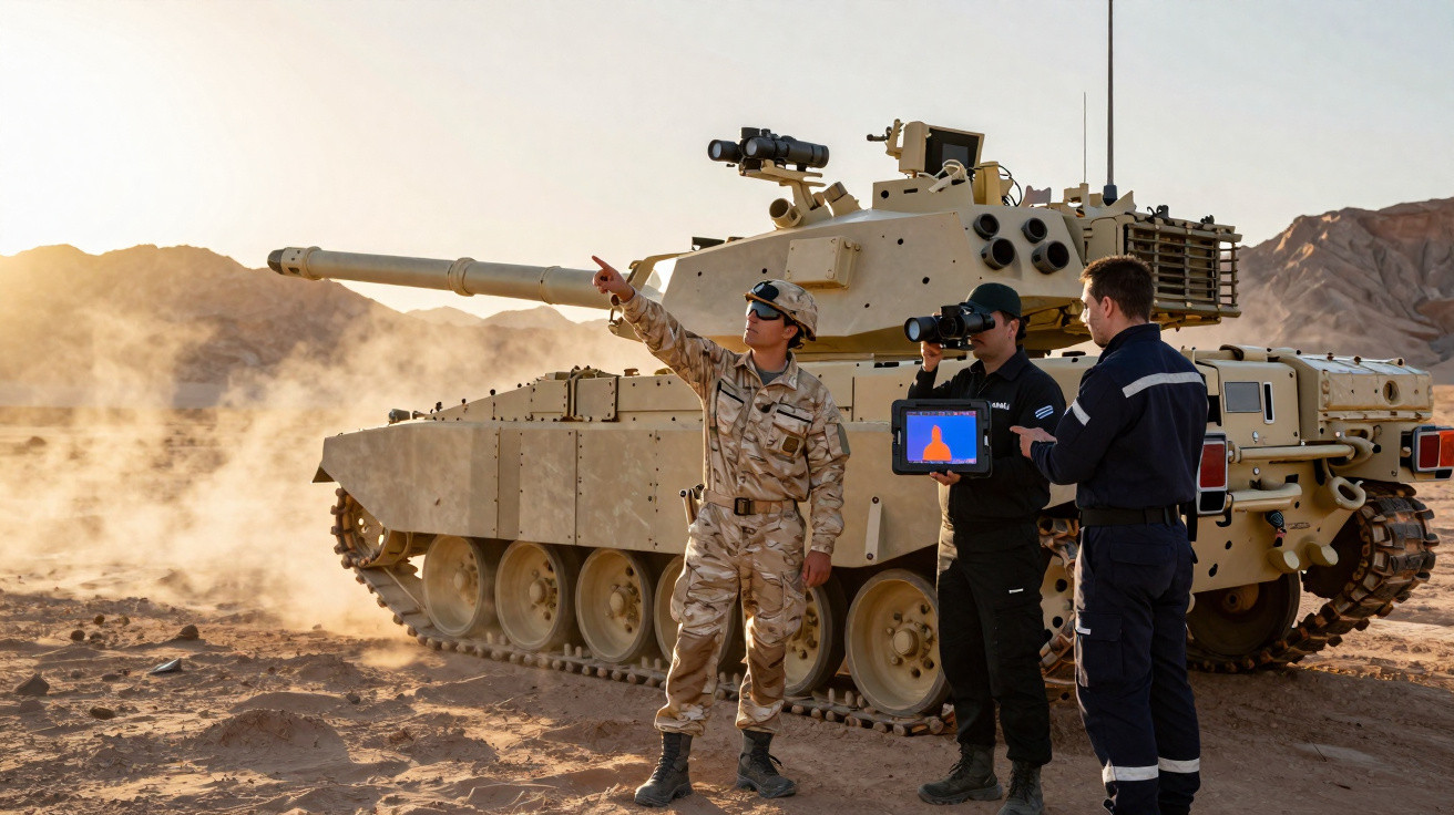 Três militares em terreno desértico com tanque de guerra, um aponta para a distância e outro segura equipamento térmico.