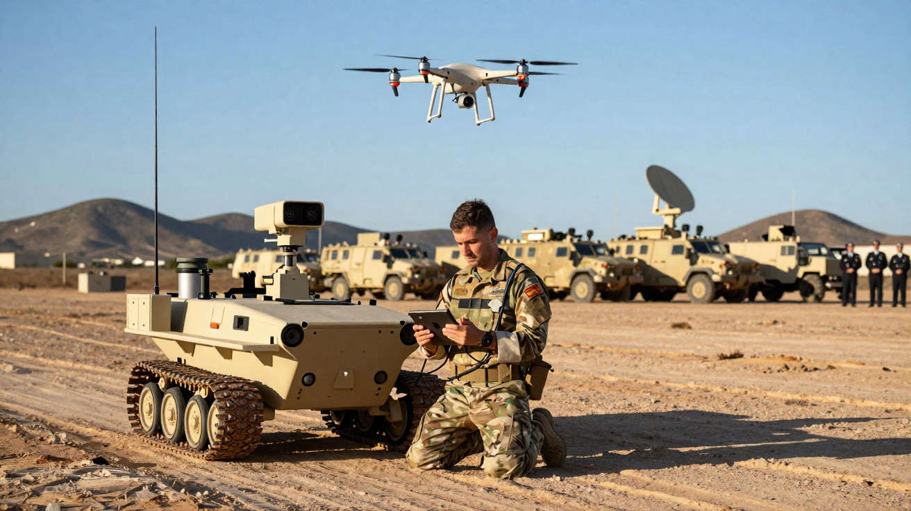 Soldado controla robô terrestre e drone em área desértica com veículos militares ao fundo.