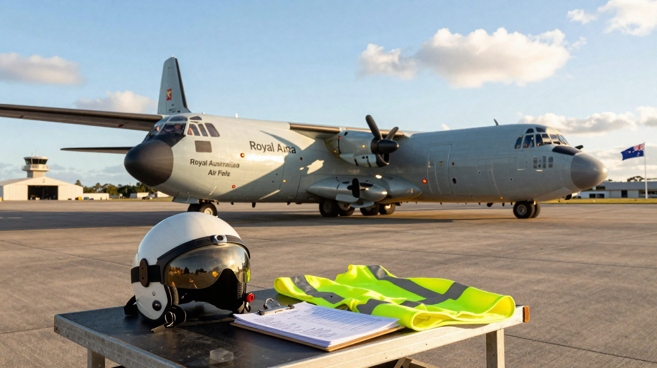 Avião militar da Royal Australian Air Force no pátio, com capacete, colete e prancheta em mesa próxima.