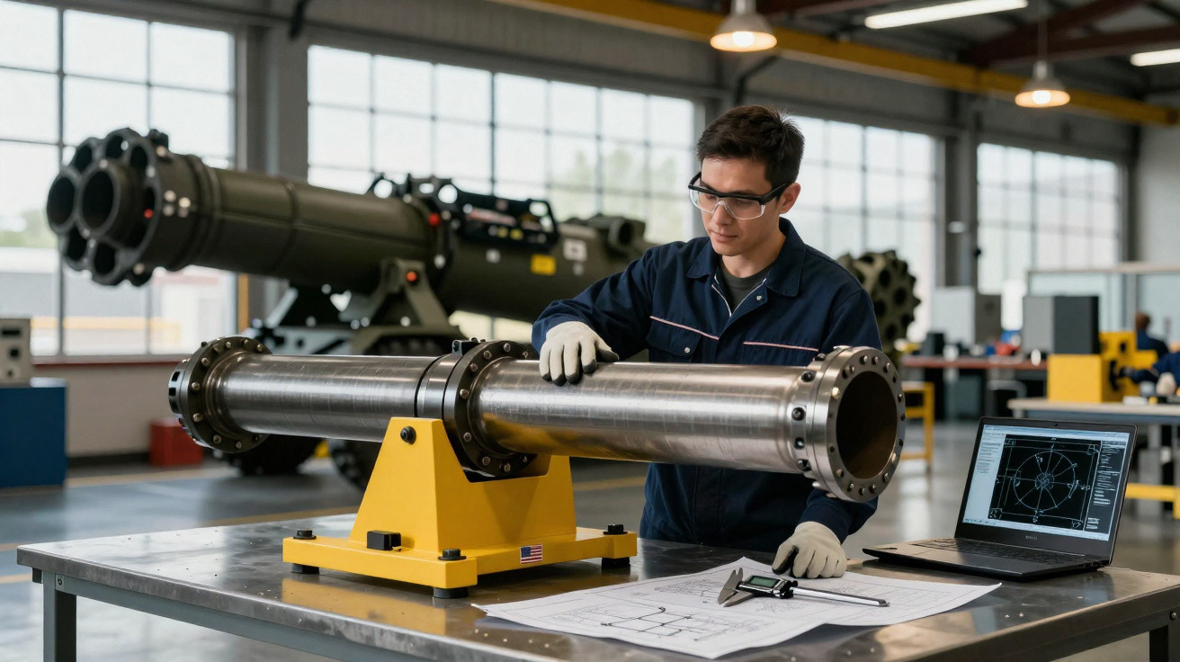 Engenheiro inspeciona peça metálica industrial sobre bancada com planta, paquímetro e notebook em fábrica.