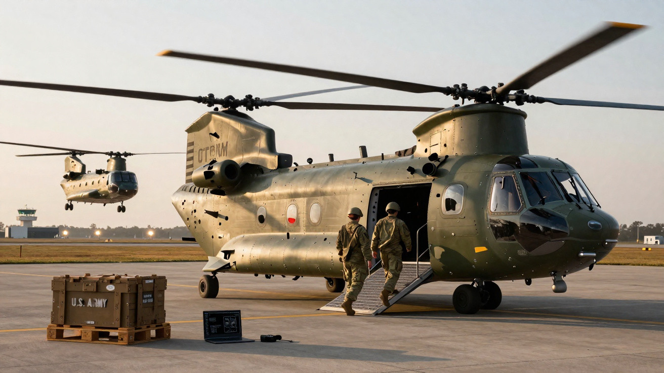 Duas aeronaves militares Chinook em solo com soldados e equipamentos em pista de aeroporto ao entardecer.