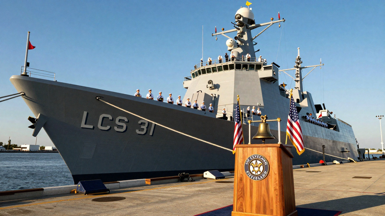 Navio de guerra LCS 31 atracado com tripulação alinhada no convés e pódio com sino e bandeiras americanas.