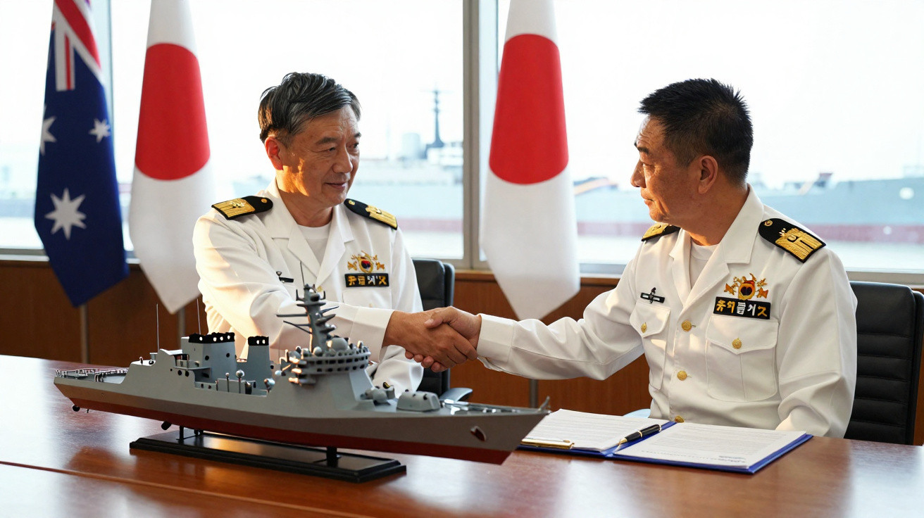 Dois oficiais da marinha em uniforme branco apertam mãos em frente a modelos de navios e bandeiras de Japão e Austrália.