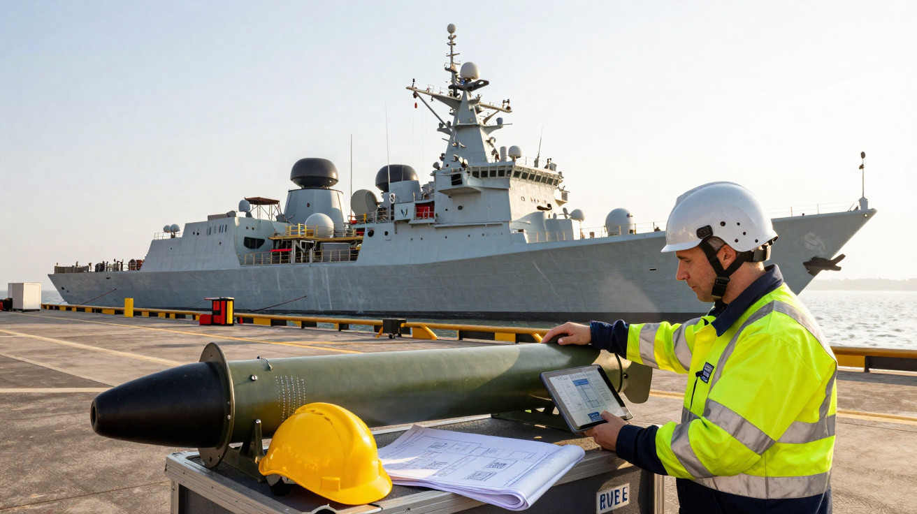 Homem com capacete verifica equipamento militar ao lado de navio de guerra ancorado no porto.