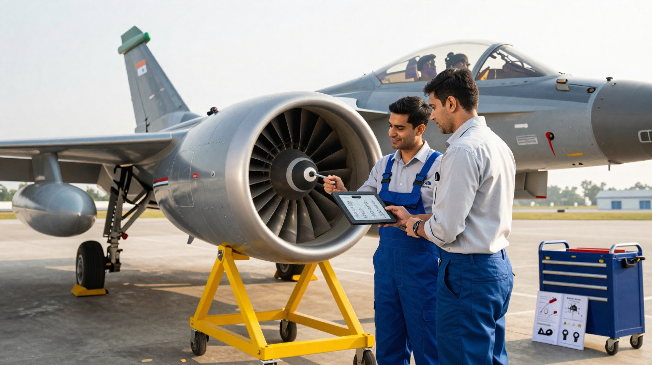 Técnicos inspecionam motor de jato em hangar, usando tablet e ferramentas ao lado do avião militar cinza.