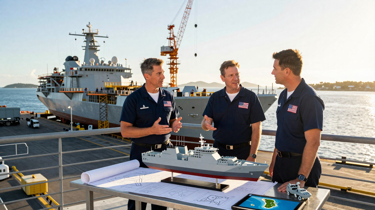 Três homens em uniforme naval discutem plano com maquete de navio no píer junto a um grande navio ancorado.