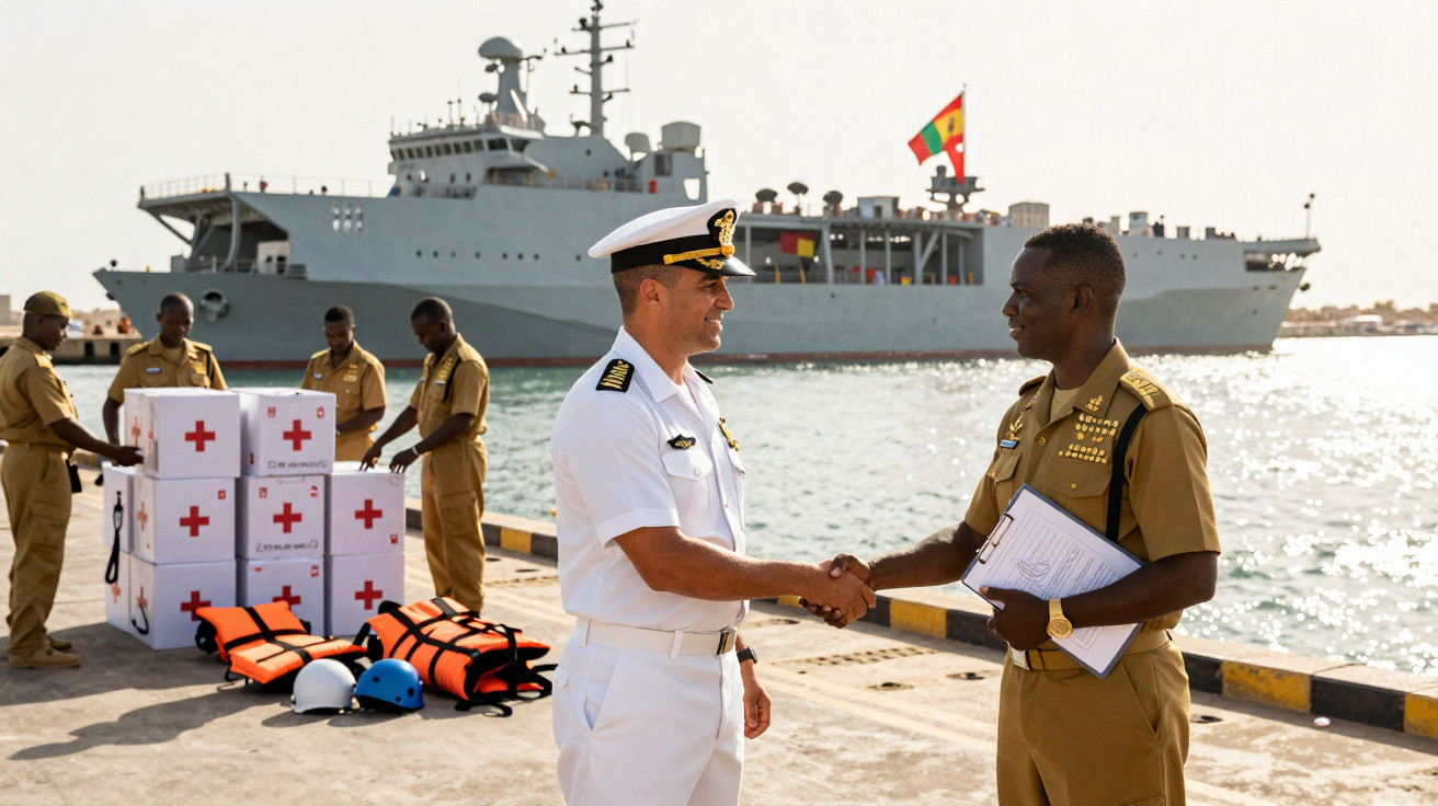 Dois militares se cumprimentam em porto com navio e caixas de suprimentos médicos ao fundo.