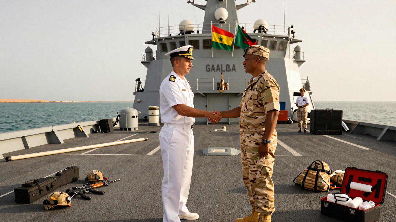Dois militares em uniformes diferentes apertam mãos no convés de navio de guerra com bandeiras de Gana ao fundo.