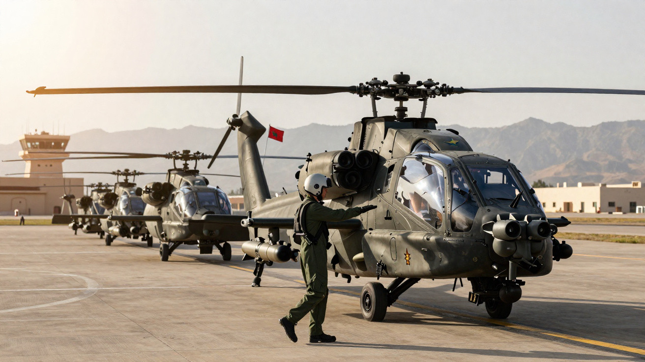 Helicópteros militares em fila na pista com piloto em uniforme e capacete realizando inspeção.