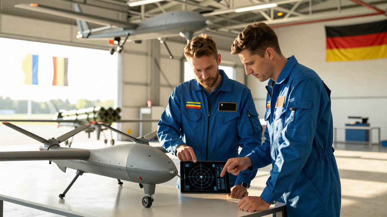 Dois homens em macacões azuis analisam dados em tablet próximo a drone cinza em hangar.