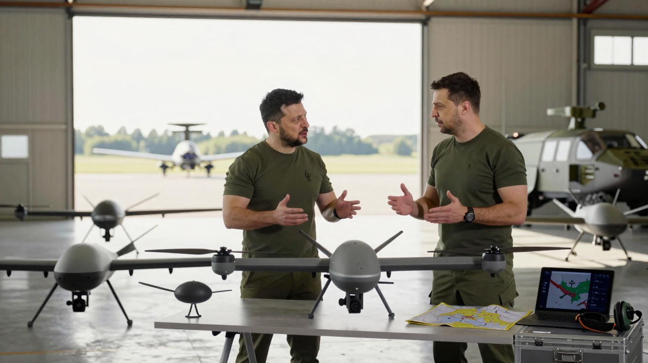 Dois homens em uniforme discutem ao lado de drones em um hangar com avião e helicóptero ao fundo.