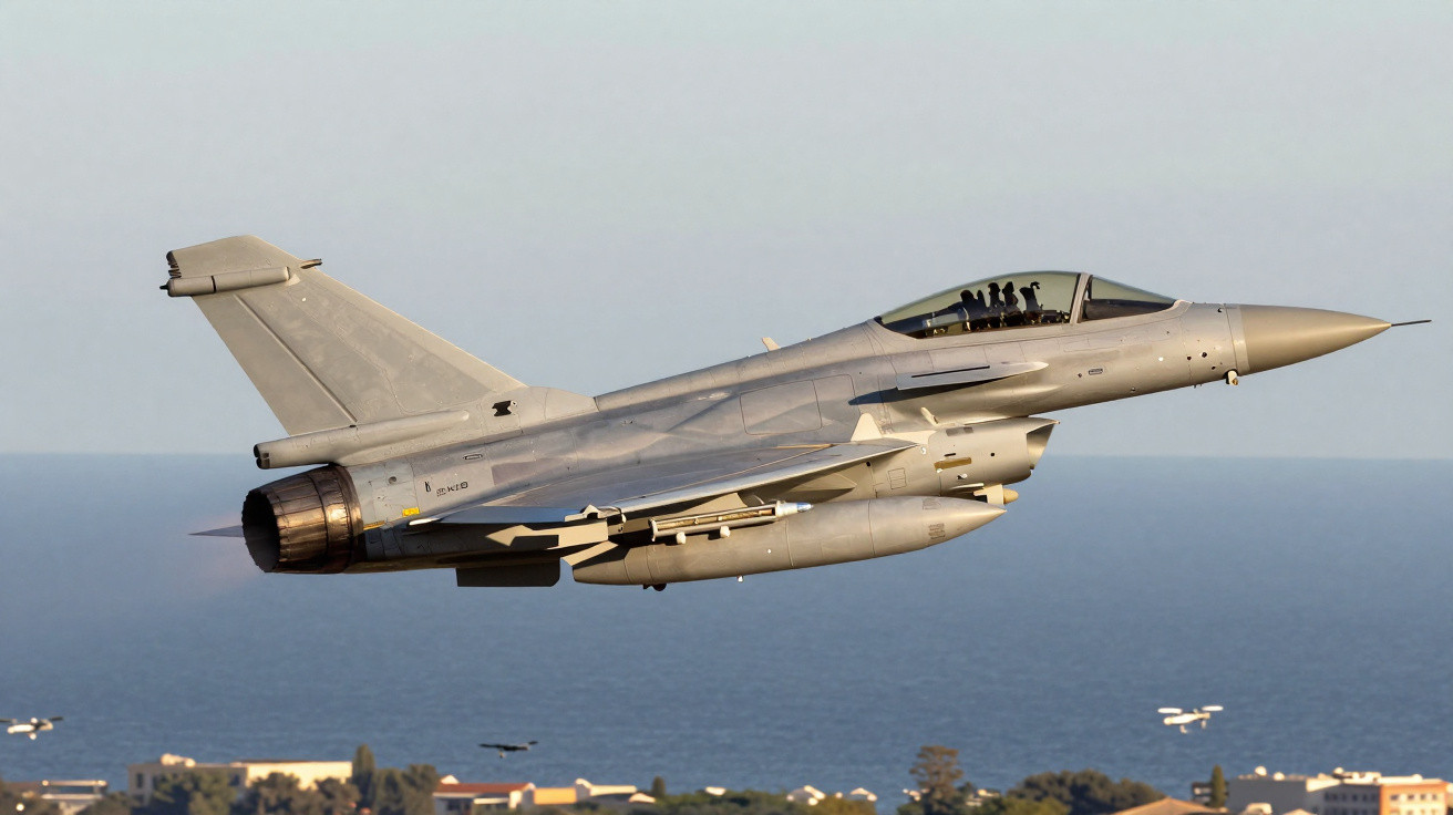 Caça militar cinza voando sobre área costeira com mar e prédios ao fundo em céu claro.