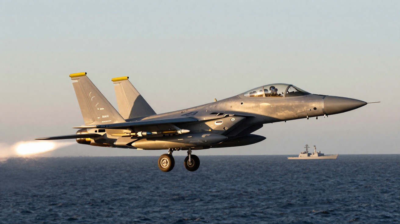 Caça F-15 em voo baixo sobre o mar com navio de guerra ao fundo durante pôr do sol.