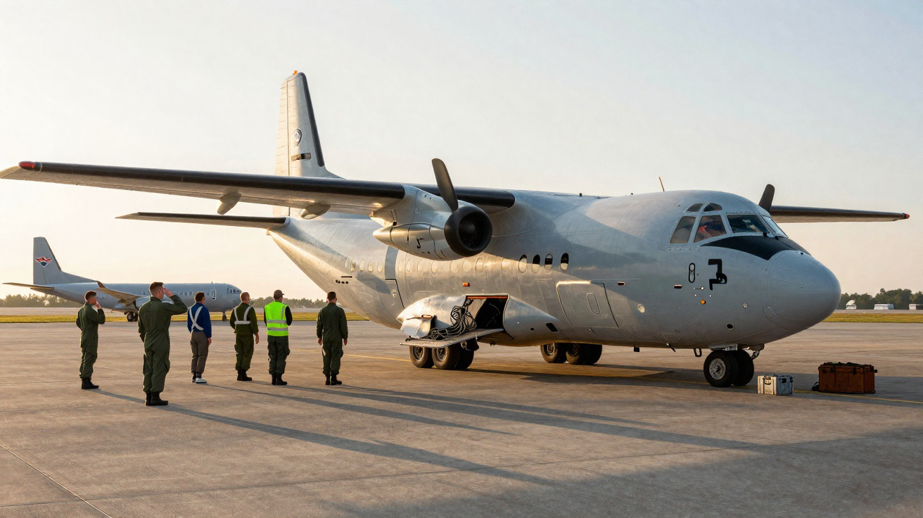 Avião militar cinza estacionado no aeroporto com sete militares em pé ao lado no fim da tarde.