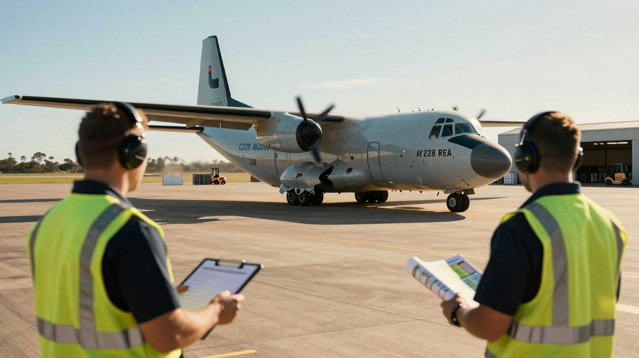 Dois trabalhadores com coletes refletores e protetores auditivos observam um avião cinza no aeroporto.