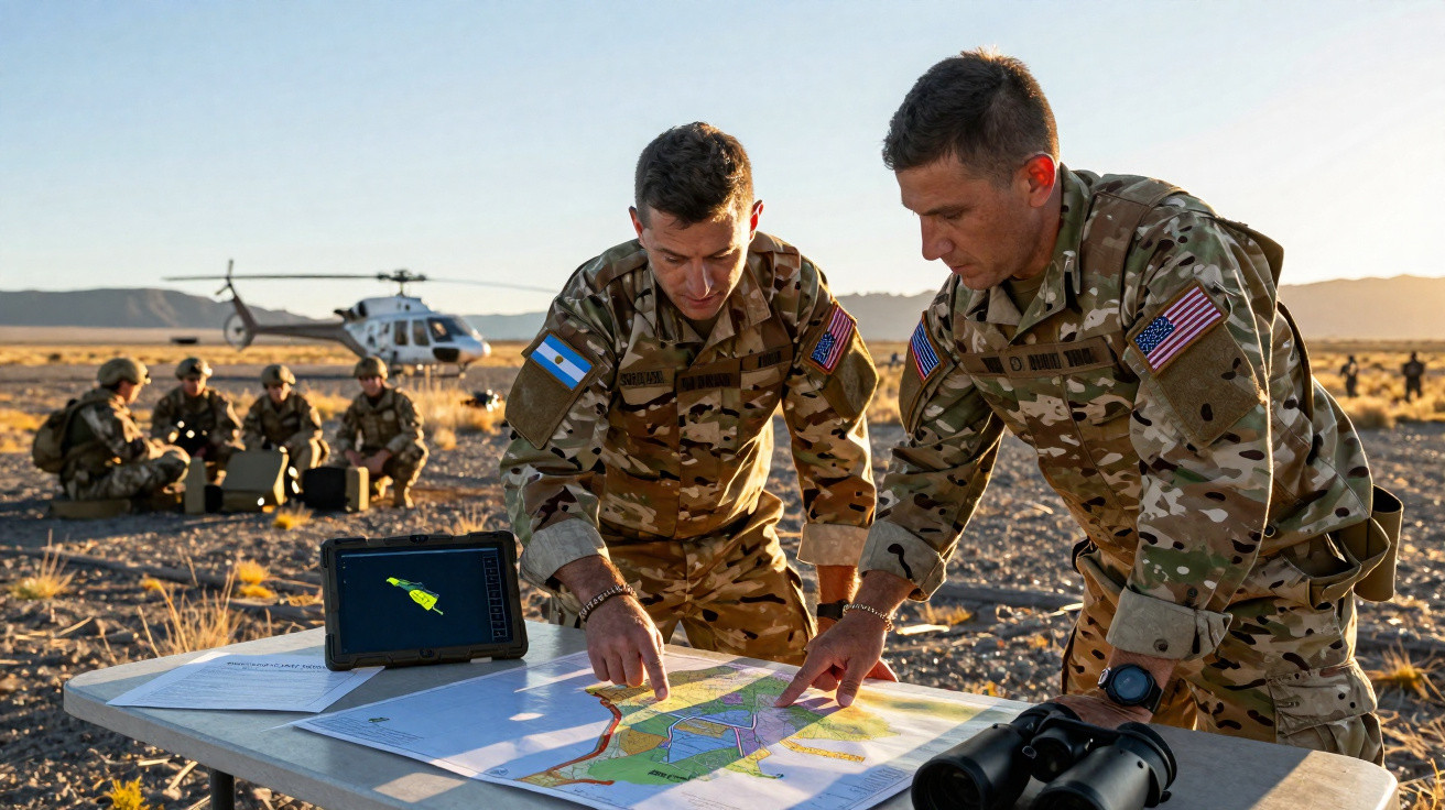 Dois militares em uniforme camuflado analisam um mapa em mesa ao ar livre com helicóptero e grupo ao fundo.