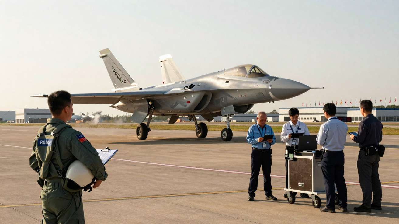 Avião de caça estacionado na pista com equipe militar e técnica inspecionando equipamentos ao redor.