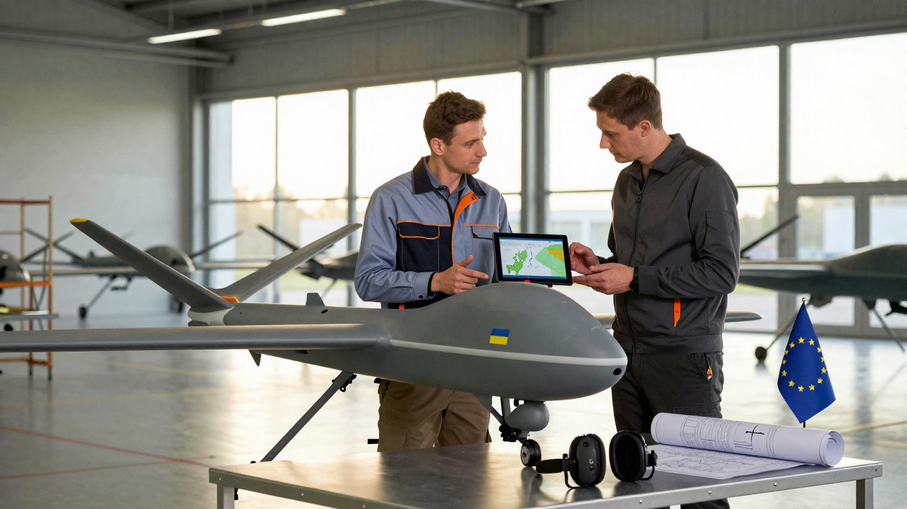 Dois homens analisam dados em tablet ao lado de drone cinza em oficina com bandeiras da Ucrânia e União Europeia.