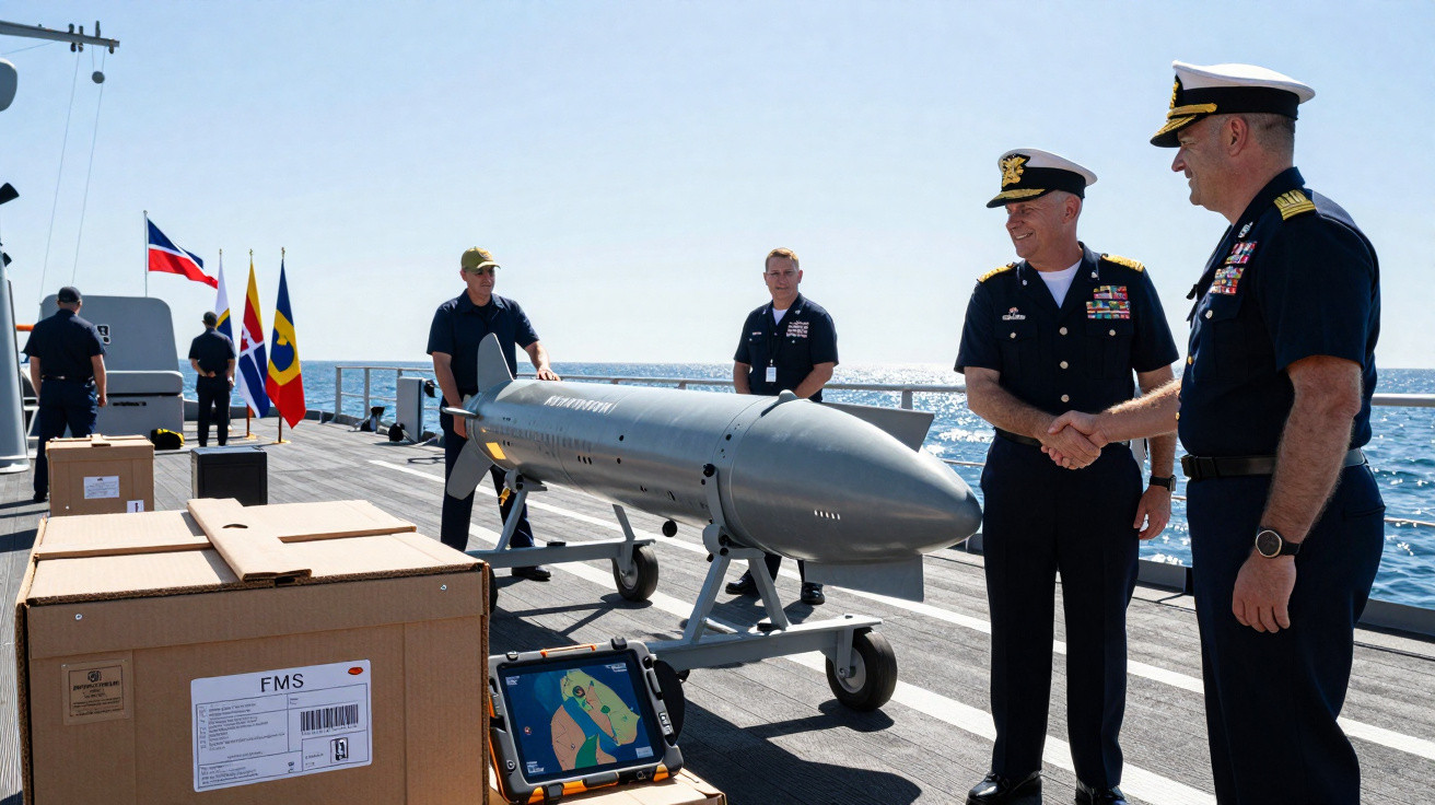 Oficiais militares em navio naval com torpedo e caixas de equipamento próximo ao mar.