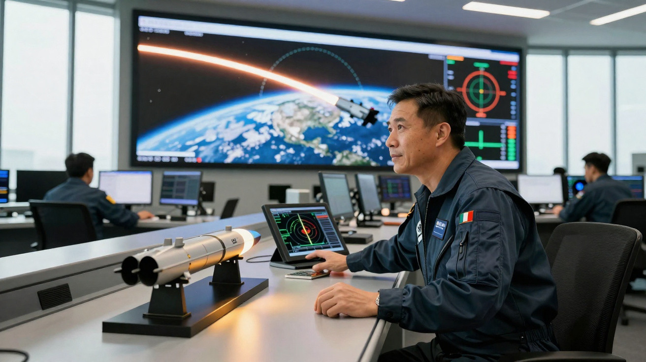 Homem em uniforme observa monitor com simulação de foguete e satélite em centro de controle espacial.