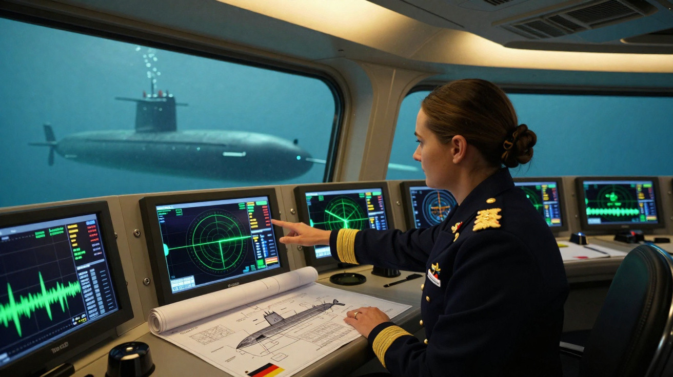 Mulher oficial naval monitora radar e controles em sala de comando com submarino visível pela janela submarina.