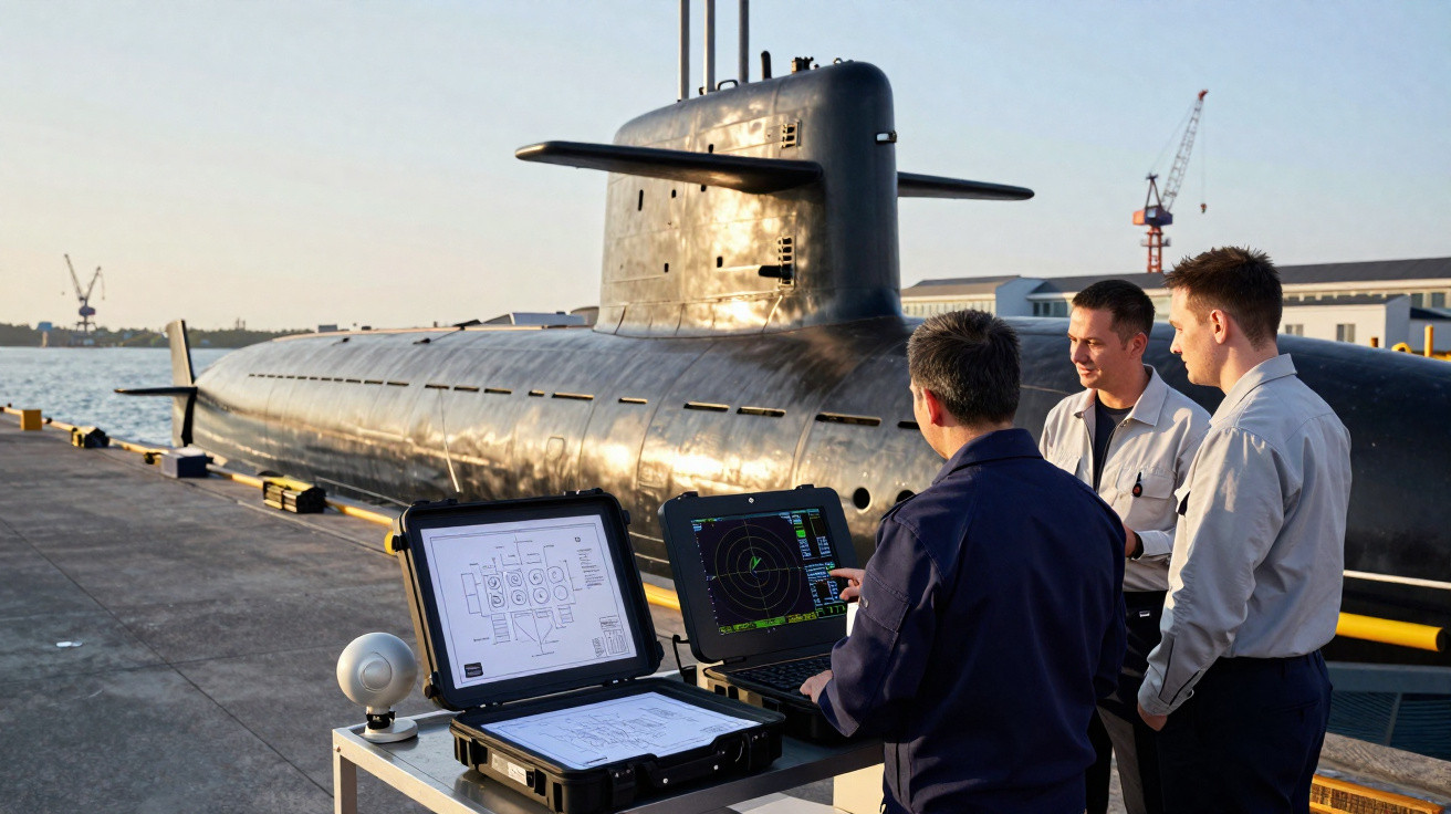 Três homens operam equipamentos eletrônicos em terra próximo a um submarino preto atracado no porto.