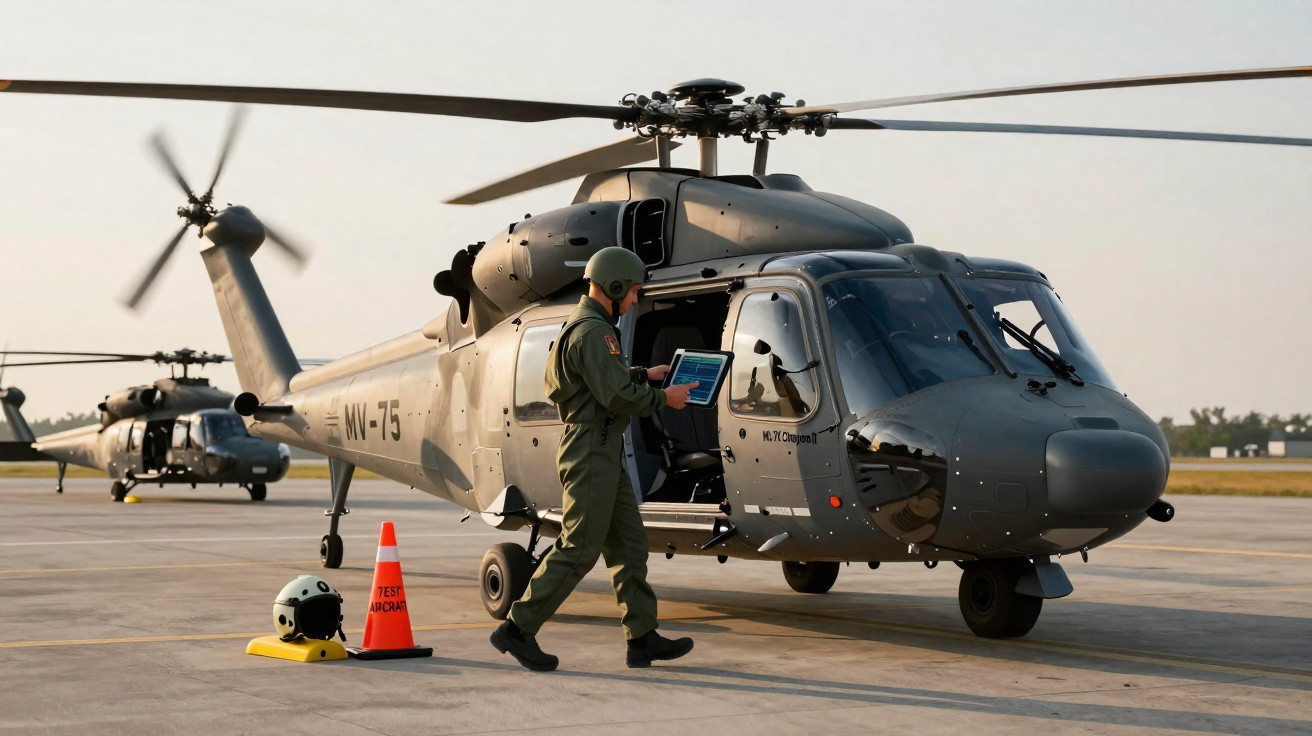 Militar com tablet próximo a helicóptero cinza estacionado em pista de aeroporto ao entardecer.