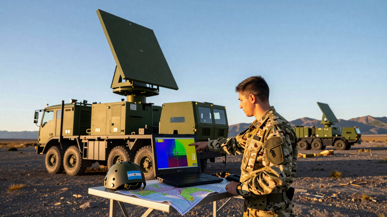 Militar argentino operando radar móvel em campo aberto com laptop e mapas sobre mesa durante o dia.