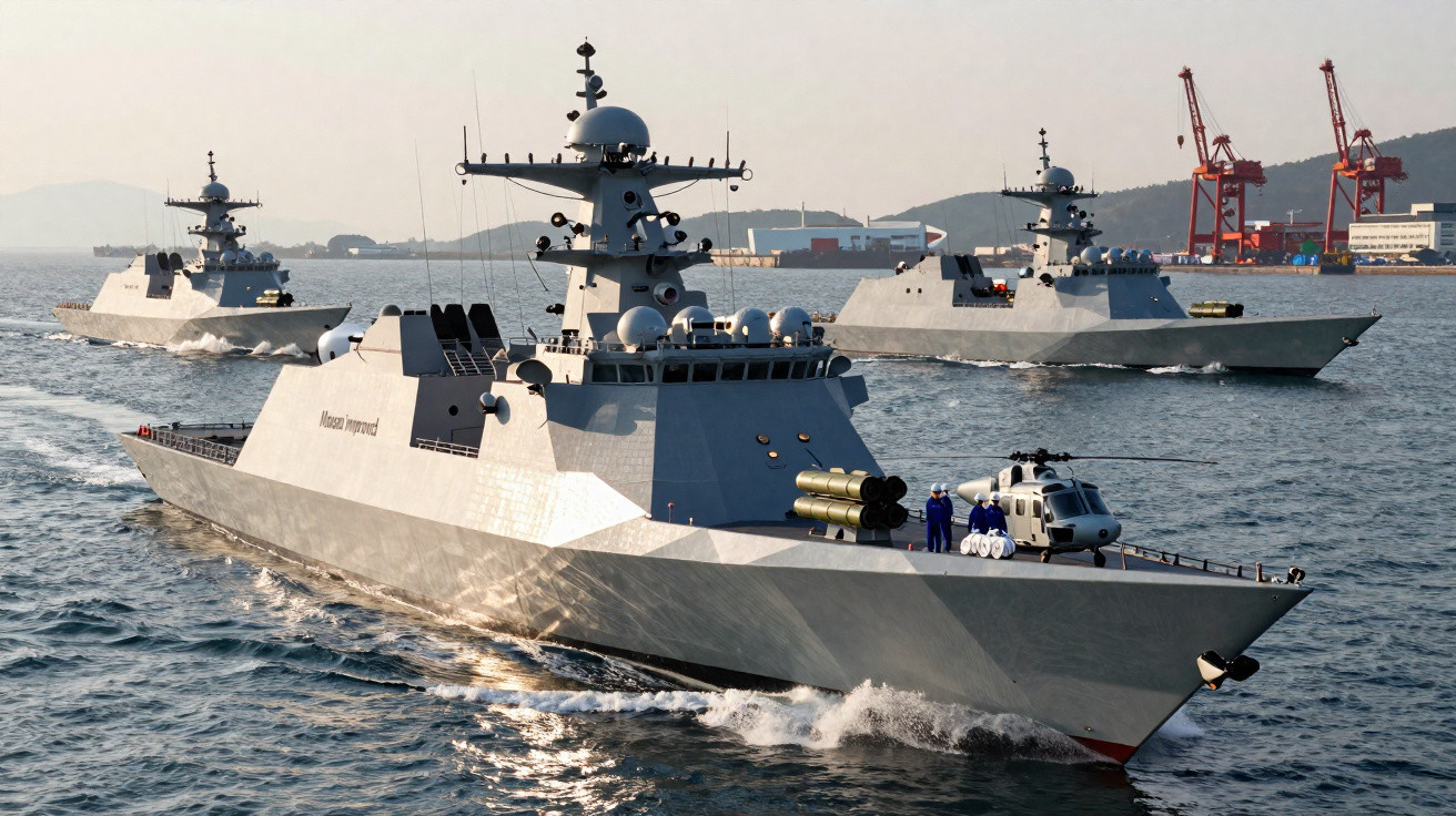 Três navios de guerra modernos navegando próximos a um porto com guindastes ao fundo.