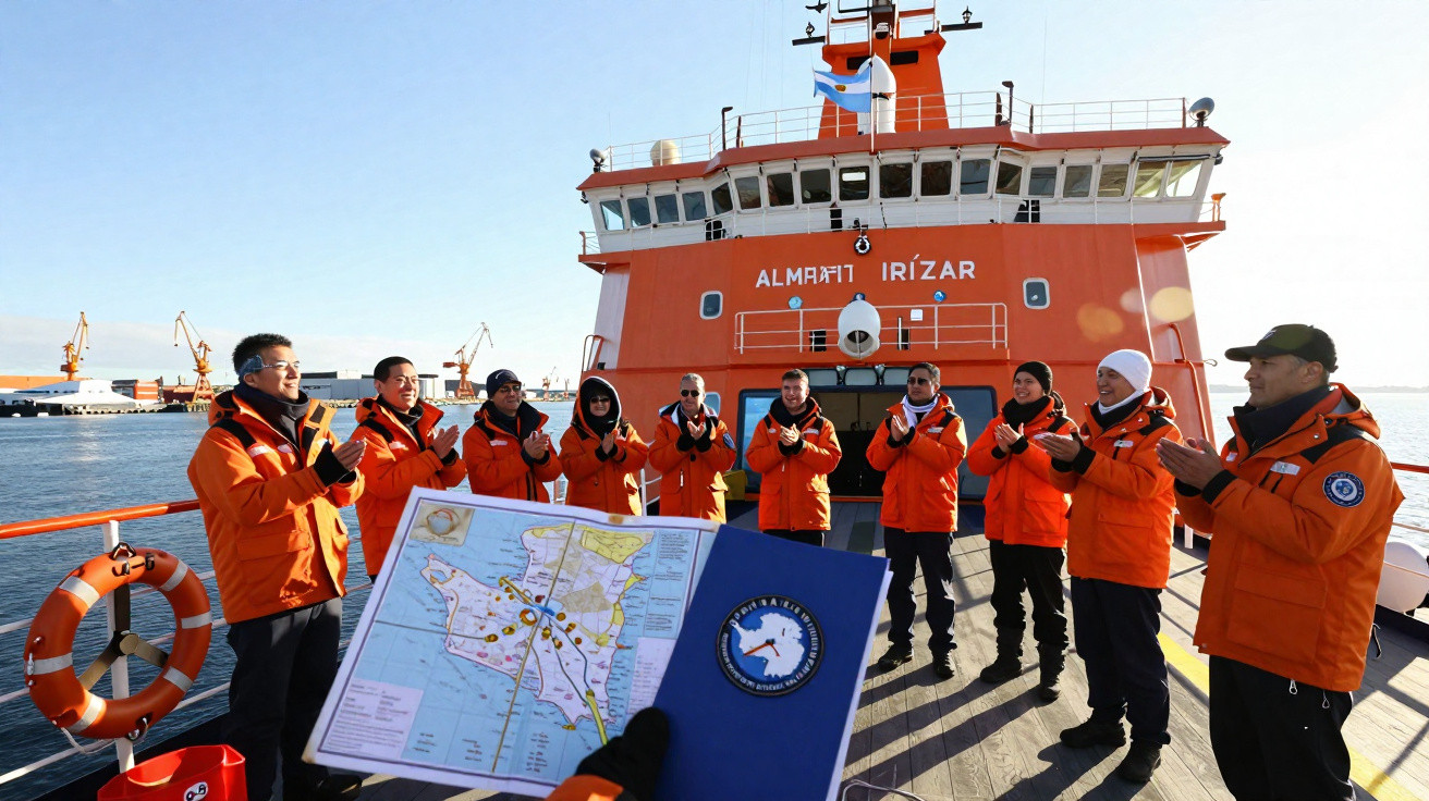 Equipe uniformizada em casacos laranja a bordo do navio Almirante Irízar, com mapa em destaque à frente.