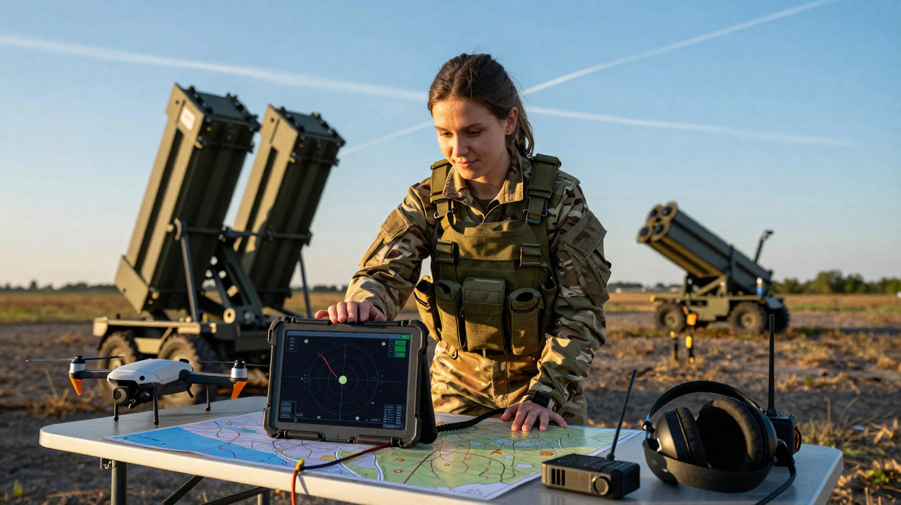 Militar feminina em uniforme camuflado operando tablet com radar em campo, ao lado de drone, mapa e equipamento de comunicaçã