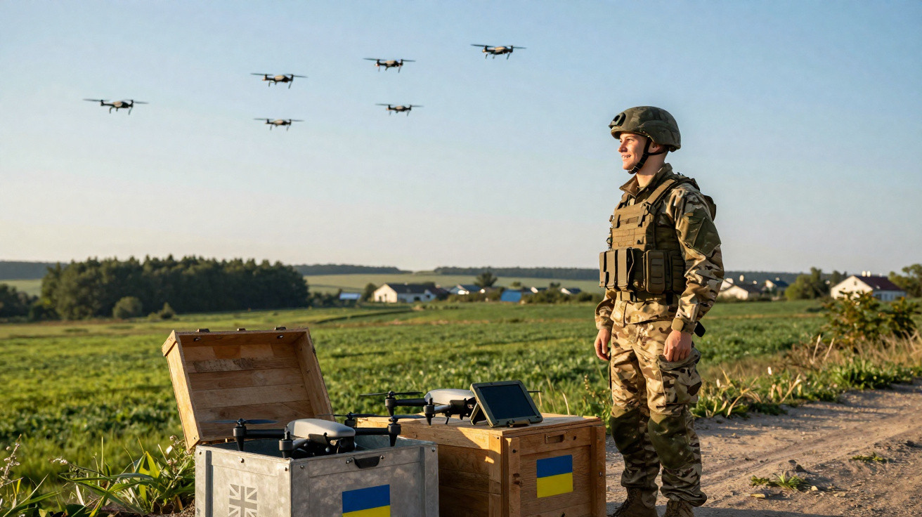 Militar ao ar livre com uniformes camuflados e drones voando, caixas com bandeiras da Ucrânia.