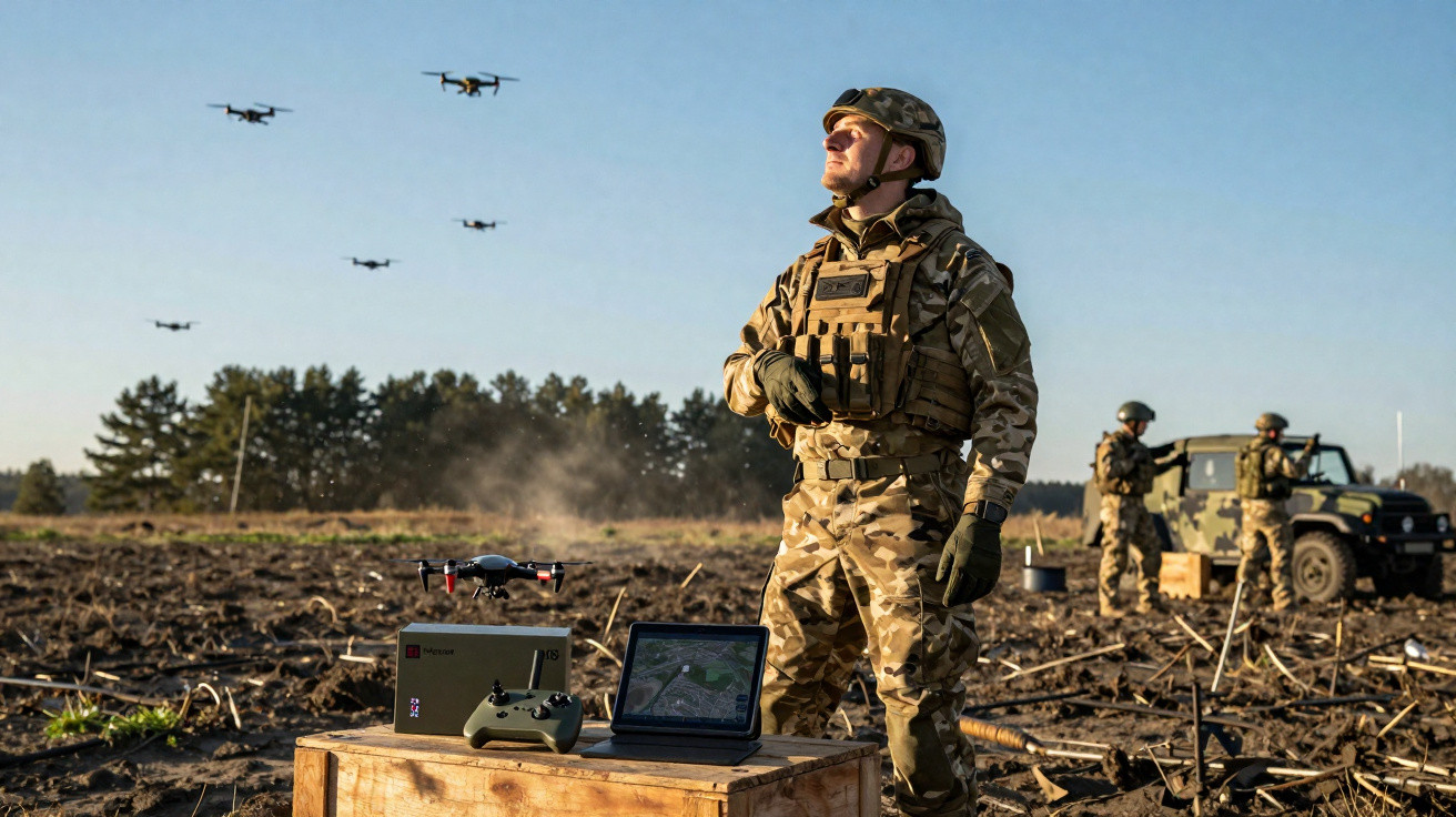 Soldado em uniforme camuflado com drones voando e equipamento tecnológico em campo aberto.