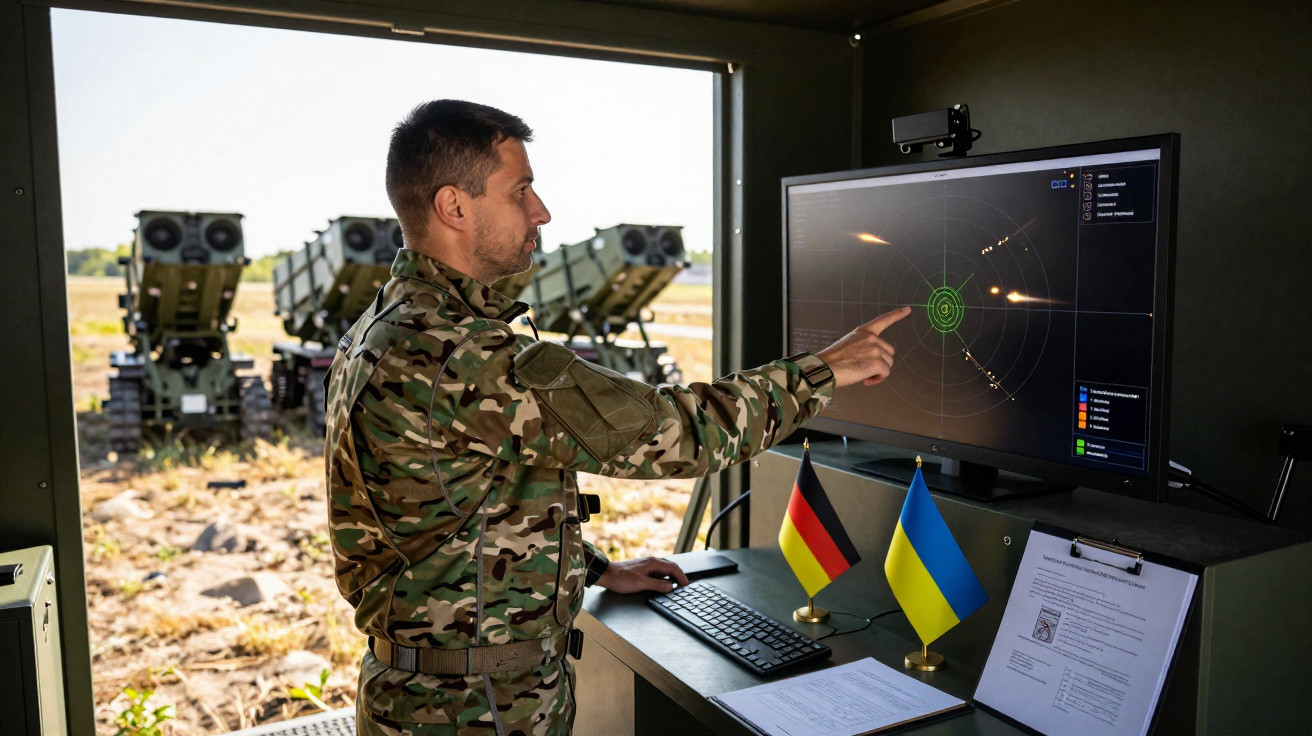 Militar em uniforme camuflado interage com tela de radar em sala com bandeiras da Alemanha e Ucrânia.