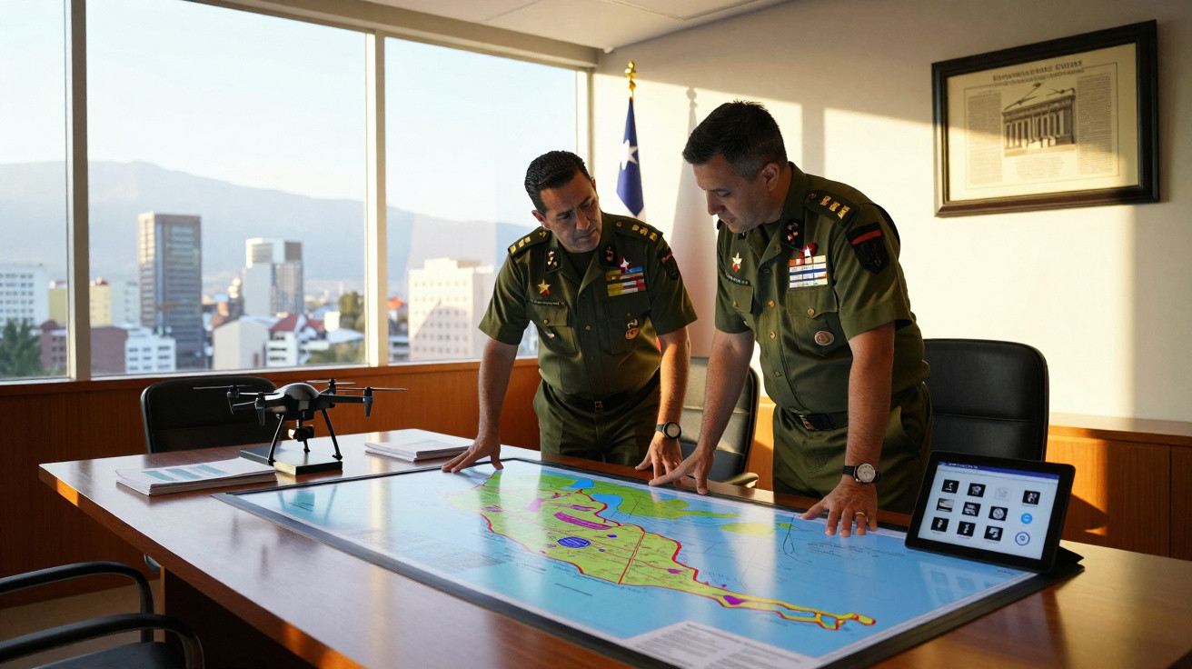 Dois militares analisam um mapa sobre mesa em escritório com drone e tablet ao lado.