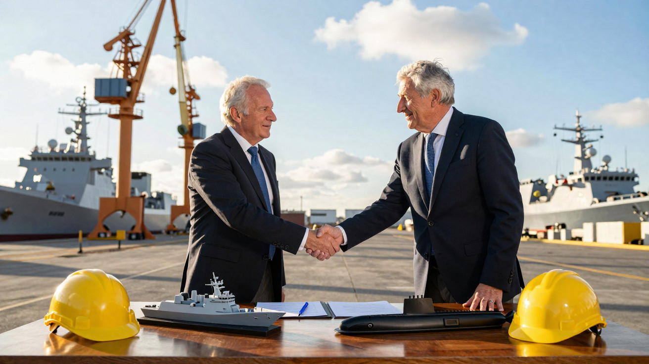 Dois homens de terno apertam as mãos em um porto naval, com capacetes de segurança e modelos de navios na mesa à frente.