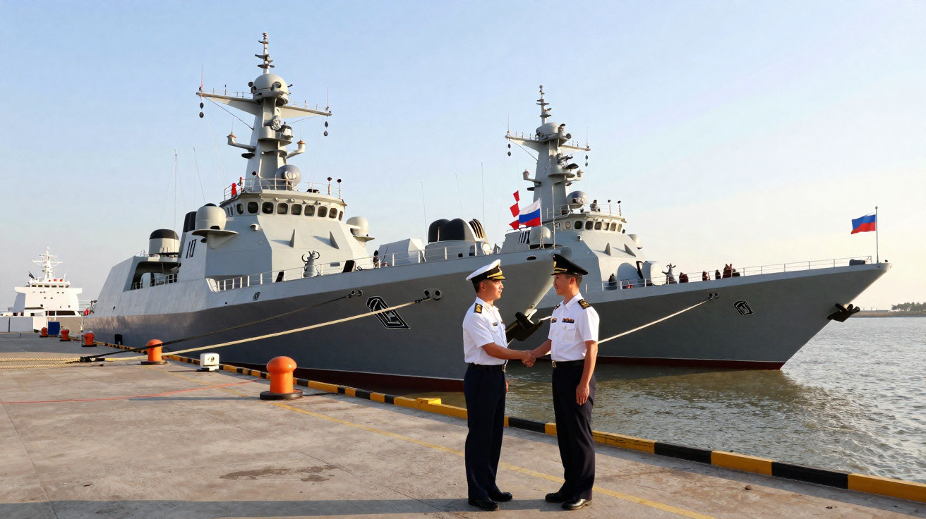 Dois oficiais navais apertam as mãos no cais com navios de guerra cinza ancorados ao fundo.