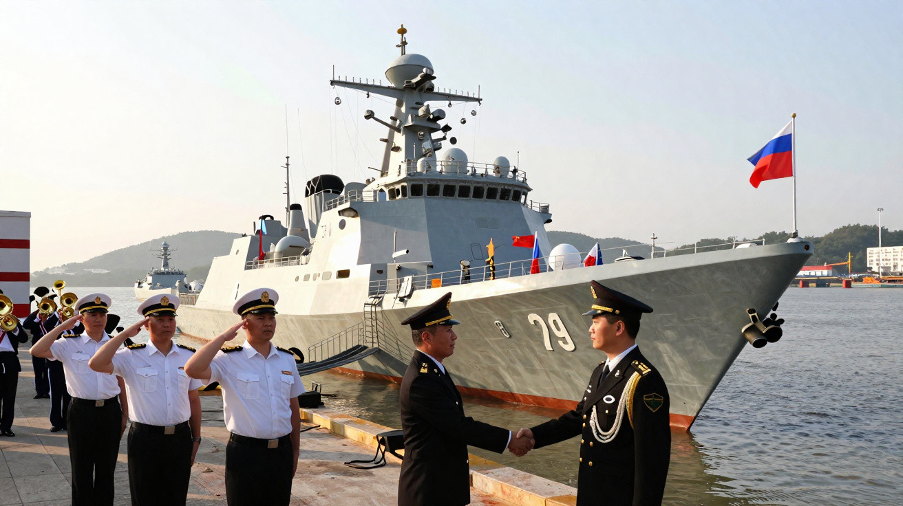 Oficiais da marinha com farda cumprimentam-se no cais próximo a navio de guerra russo atracado.