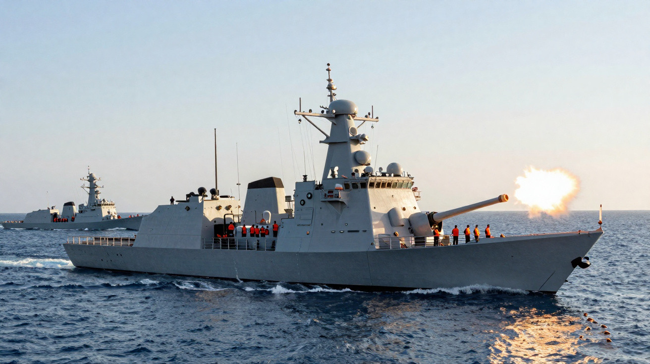 Navio de guerra cinza disparando canhão durante navegação em mar calmo.