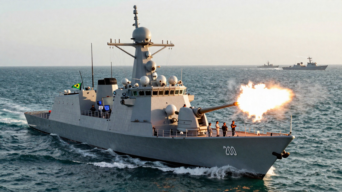 Navio de guerra brasileiro disparando canhão no mar durante o dia com tripulação na proa.