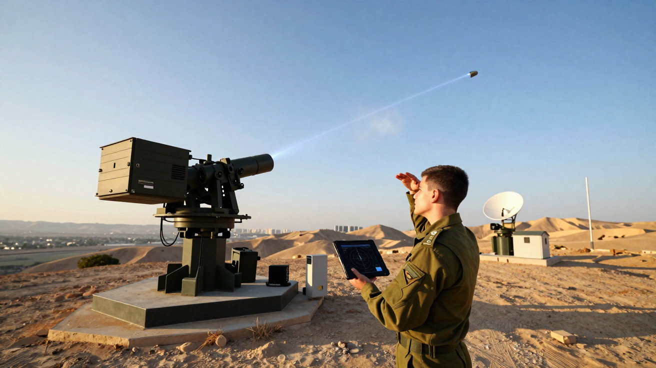 Militar operando sistema laser para interceptar projétil em área desértica com colinas ao fundo.