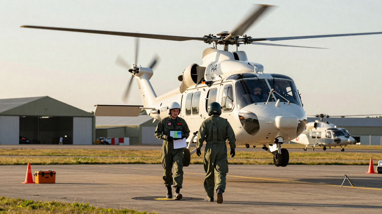 Helicóptero militar branco parado em pista com dois pilotos caminhando em frente ao aparelho.