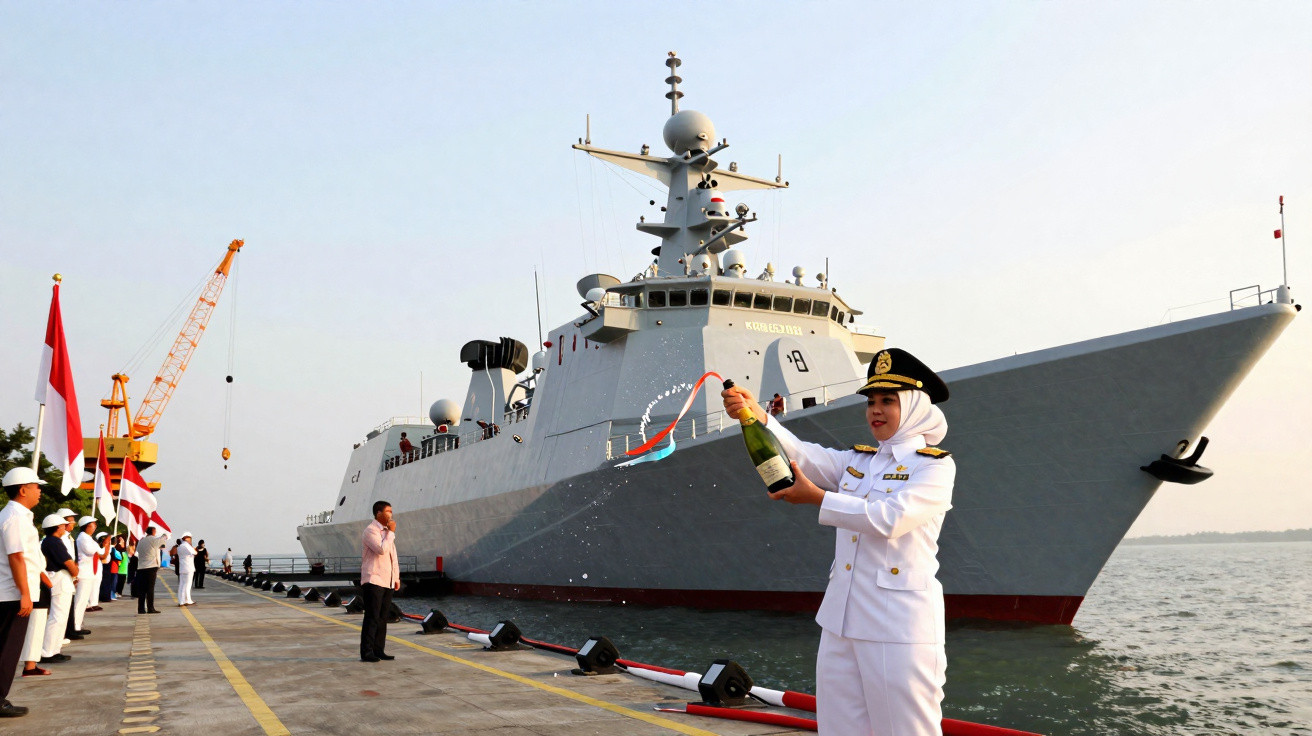 Oficial naval mulher em uniforme branco quebra garrafa para batizar navio de guerra cinza ancorado no porto.