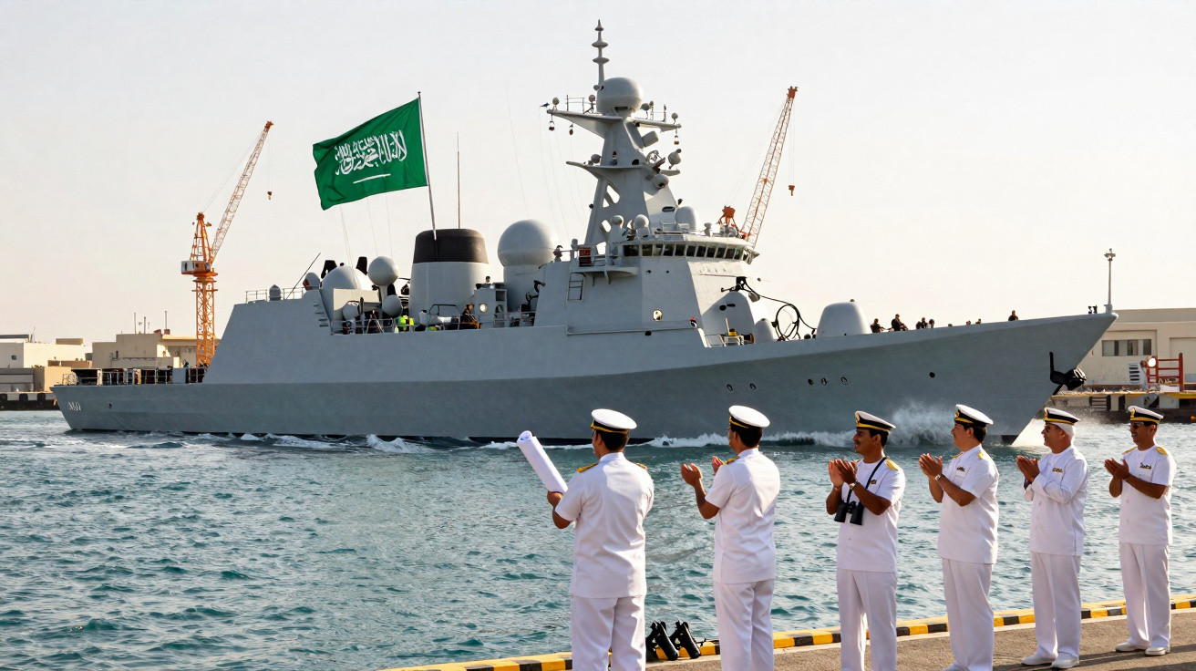 Marinheiros em uniforme branco aplaudem fragata militar com bandeira da Arábia Saudita no porto.