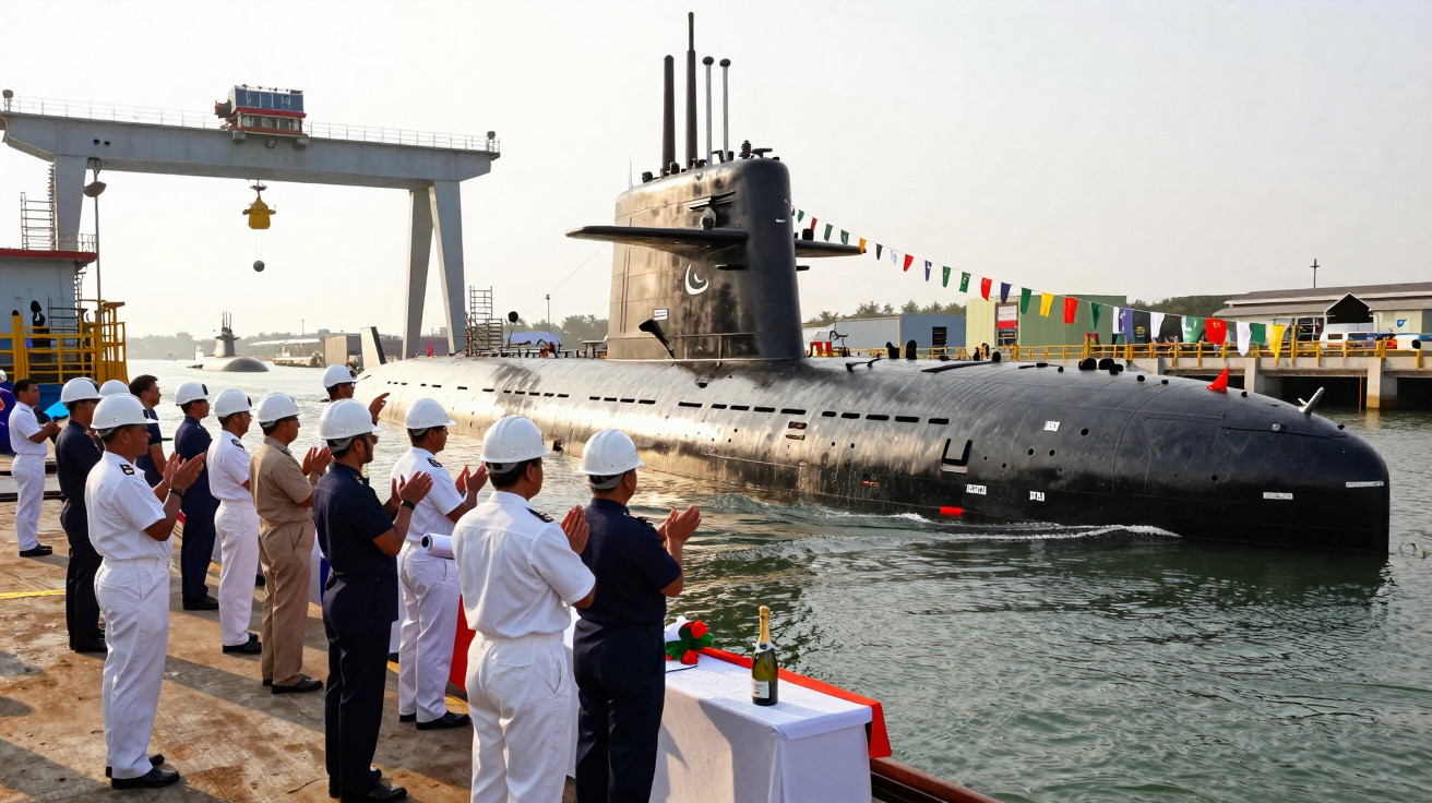 Submarino preto ancorado, várias pessoas com capacetes brancos aplaudem em comemoração no cais.