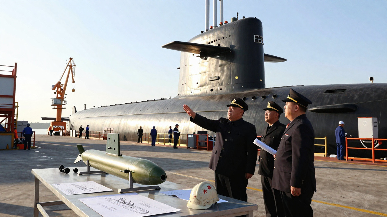 Três oficiais em uniforme observam um submarino preto atracado, com uma maquete e documentos sobre uma mesa próxima.