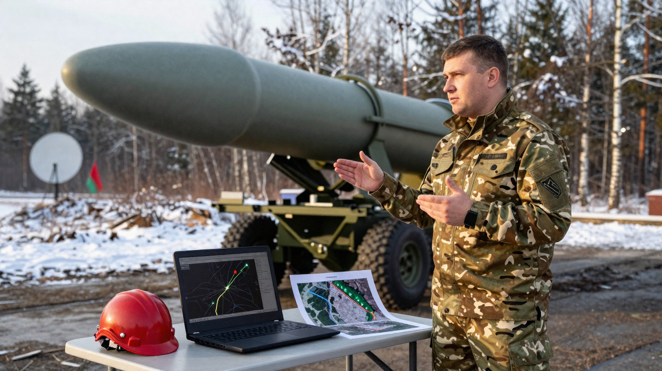 Homem em uniforme militar explica próximo a míssil, laptop com mapas e capacete vermelho em mesa ao ar livre.
