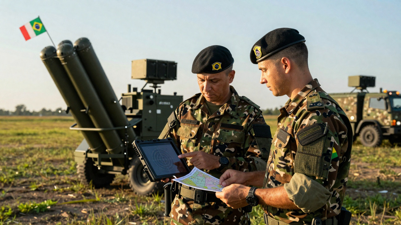 Dois soldados brasileiros em uniforme camuflado consultam mapas e tablet ao lado de lançadores de foguetes.